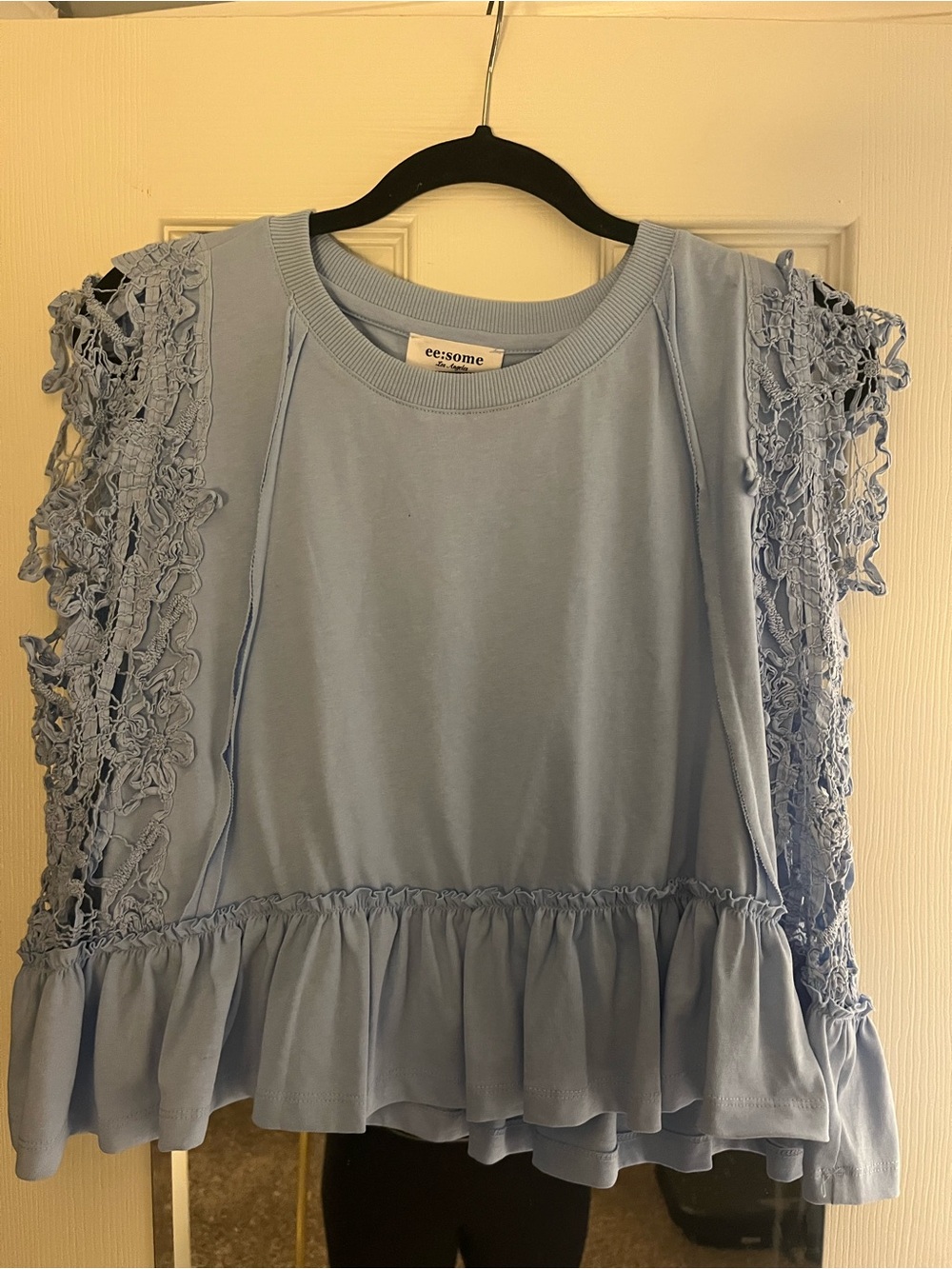 eesome Pastel Blue Crochet Sleeve Ruffle Hem Top